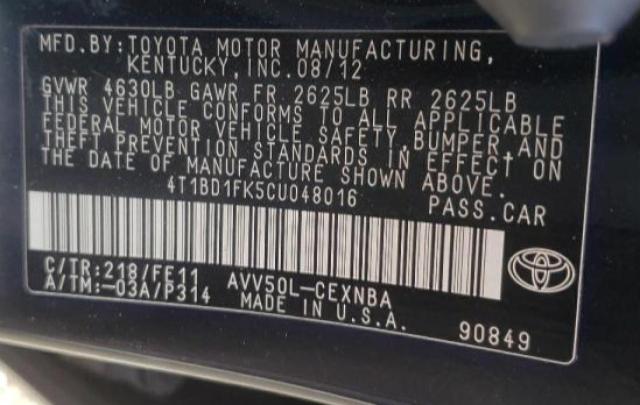 Photo 9 VIN: 4T1BD1FK5CU048016 - TOYOTA CAMRY HYBR 