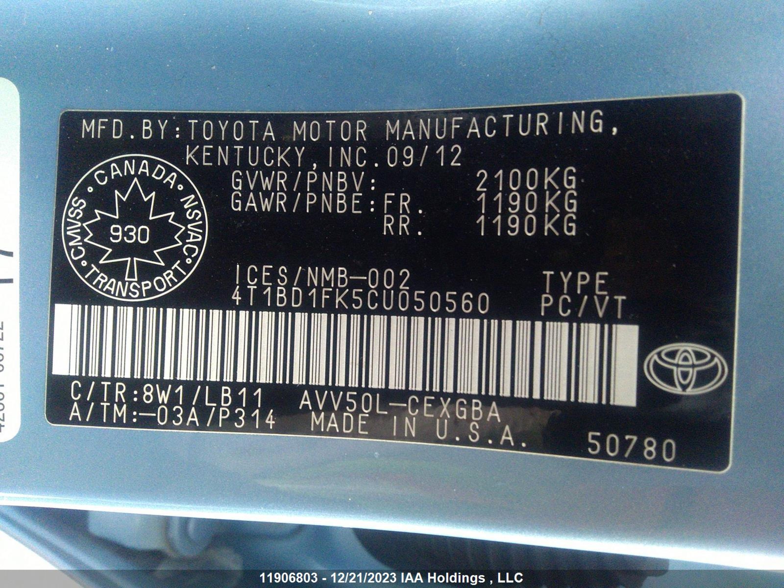 Photo 8 VIN: 4T1BD1FK5CU050560 - TOYOTA CAMRY 