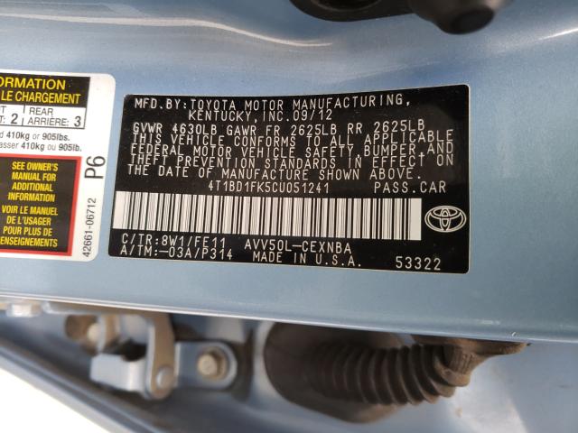 Photo 9 VIN: 4T1BD1FK5CU051241 - TOYOTA CAMRY HYBR 