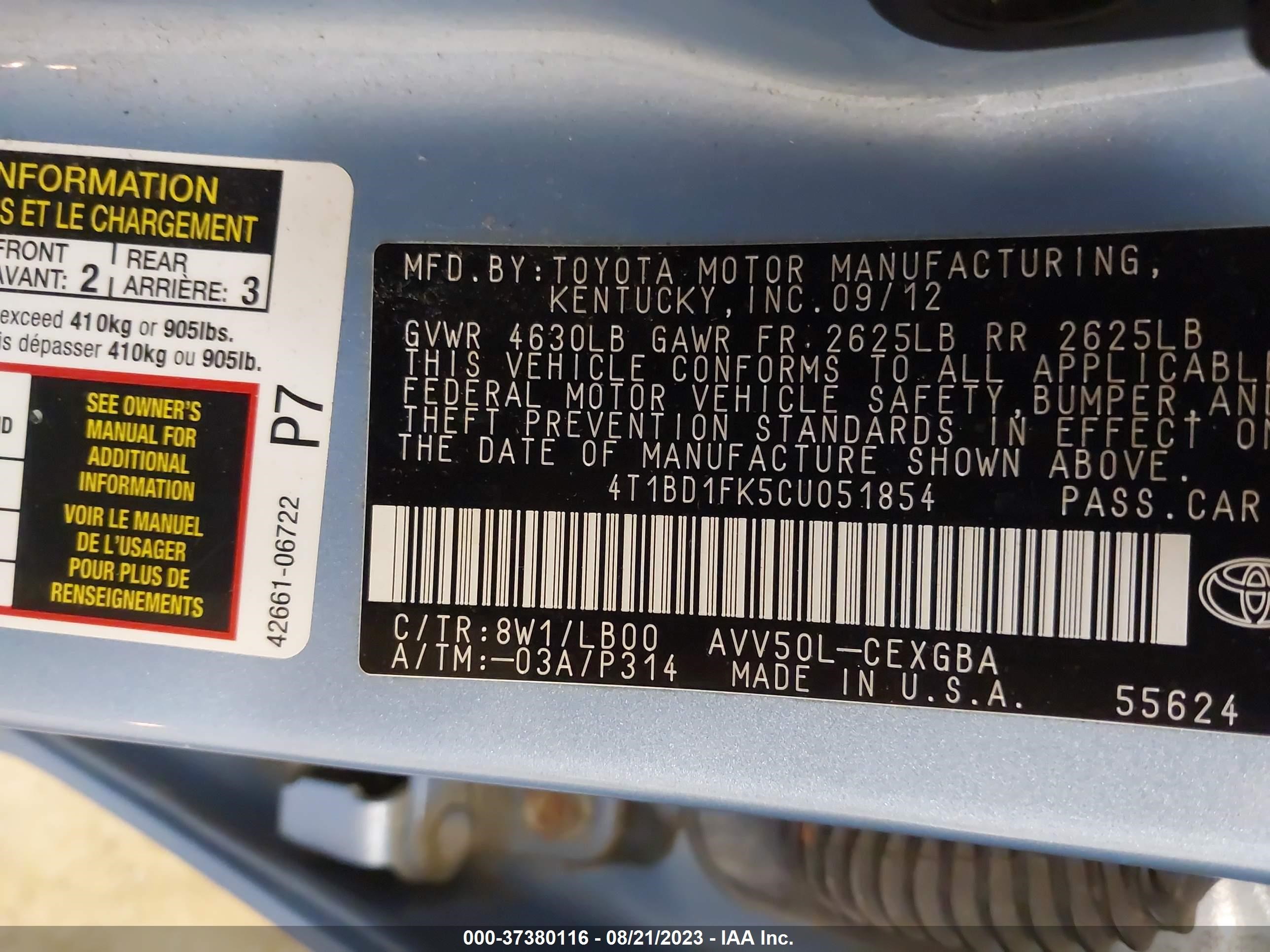 Photo 8 VIN: 4T1BD1FK5CU051854 - TOYOTA CAMRY 