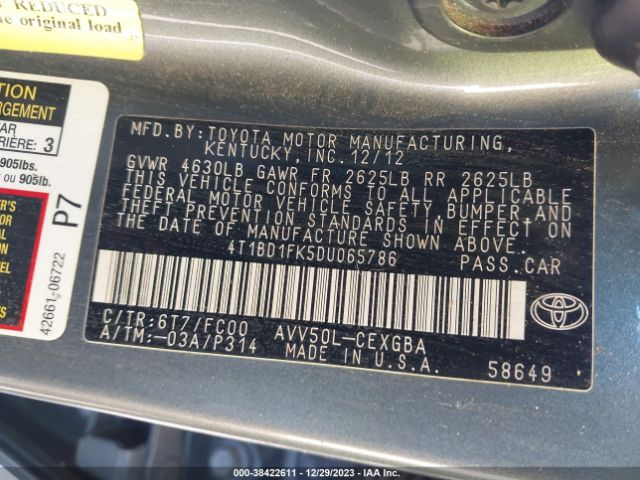 Photo 8 VIN: 4T1BD1FK5DU065786 - TOYOTA CAMRY HYBRID 