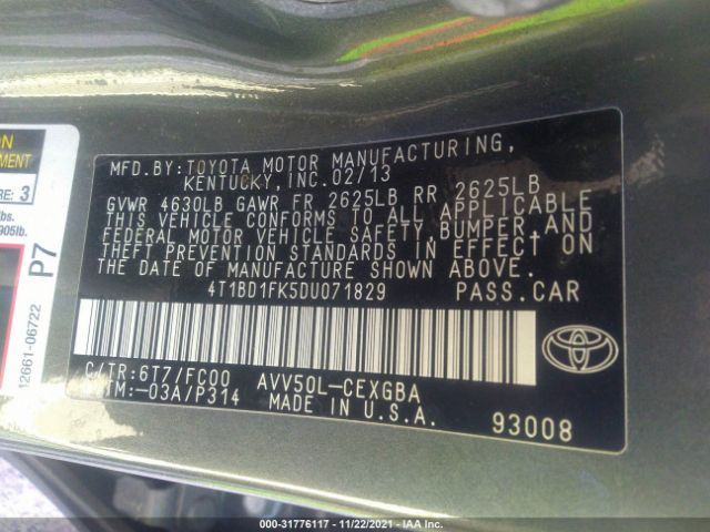 Photo 8 VIN: 4T1BD1FK5DU071829 - TOYOTA CAMRY HYBRID 