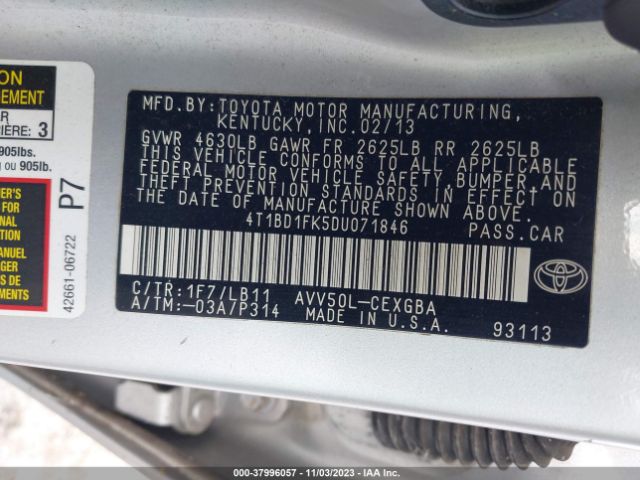 Photo 8 VIN: 4T1BD1FK5DU071846 - TOYOTA CAMRY HYBRID 