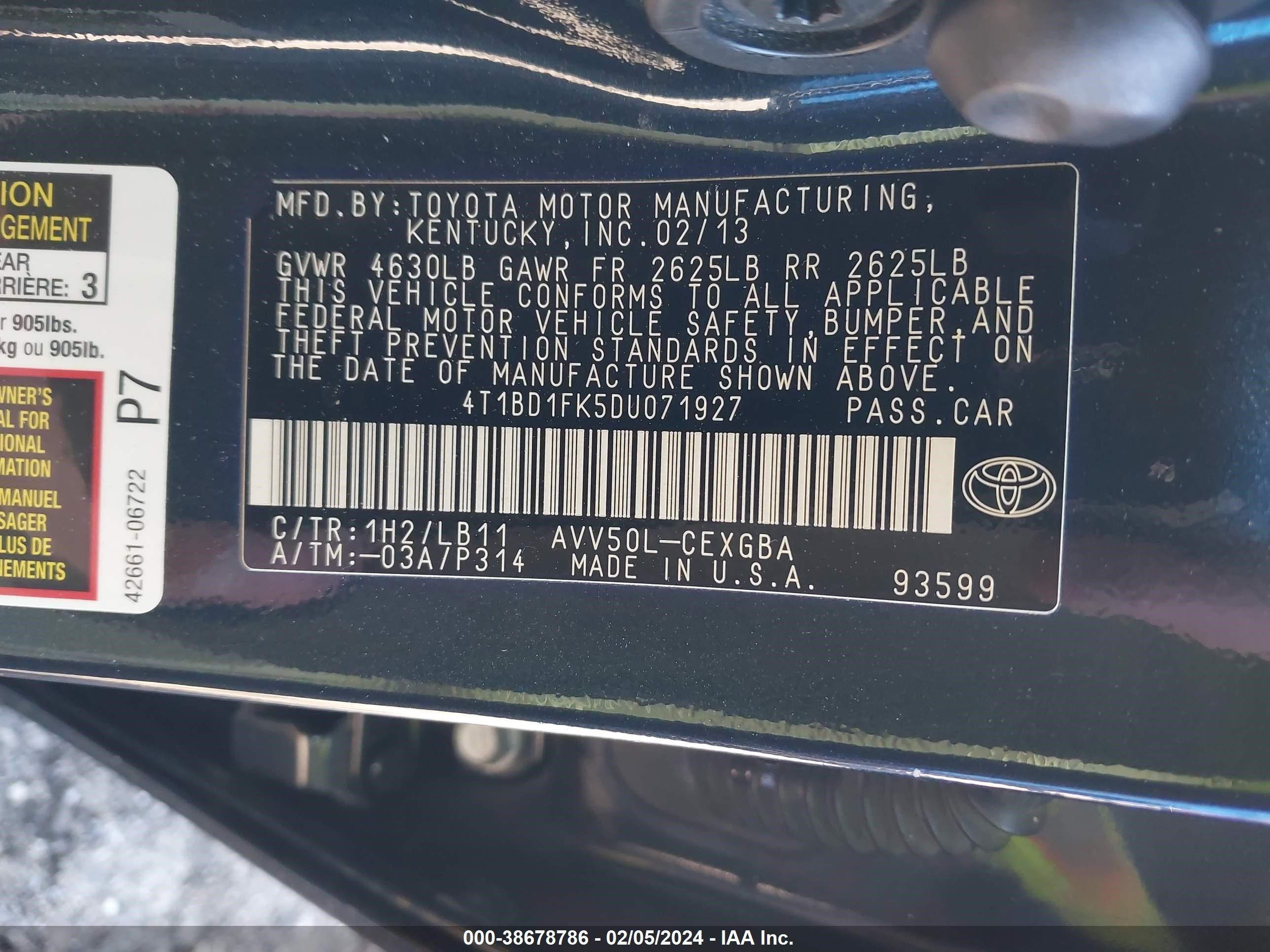 Photo 8 VIN: 4T1BD1FK5DU071927 - TOYOTA CAMRY 