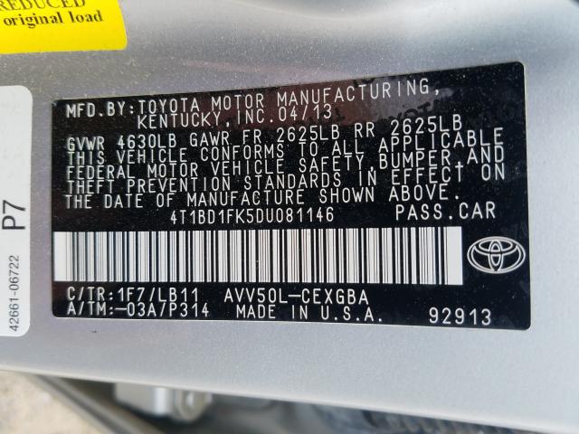 Photo 9 VIN: 4T1BD1FK5DU081146 - TOYOTA CAMRY HYBR 