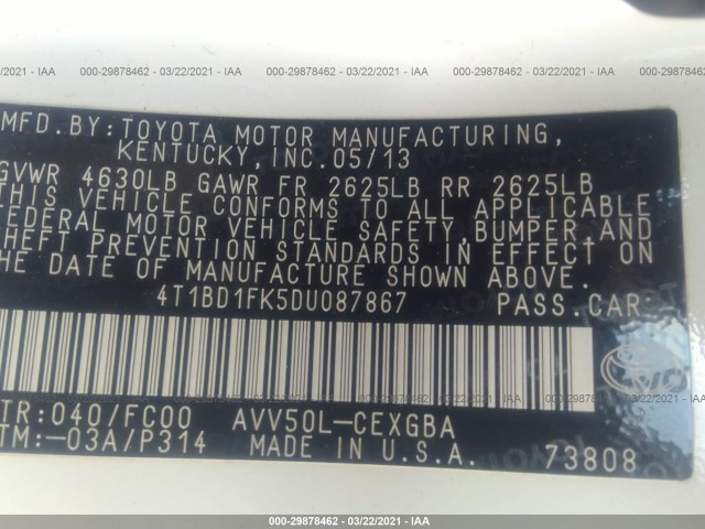 Photo 8 VIN: 4T1BD1FK5DU087867 - TOYOTA CAMRY HYBRID 