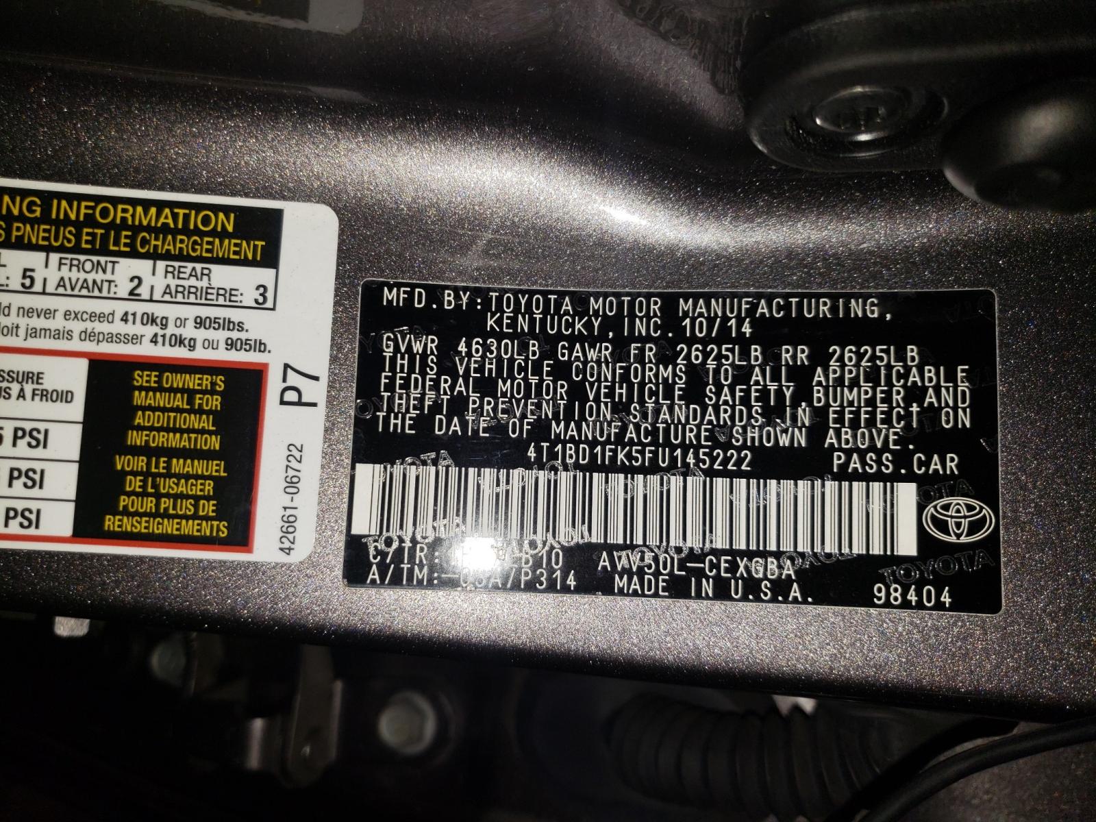 Photo 9 VIN: 4T1BD1FK5FU145222 - TOYOTA CAMRY HYBR 