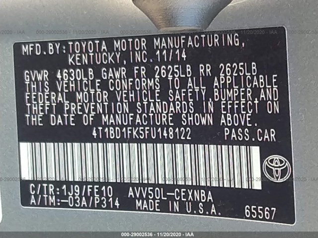 Photo 8 VIN: 4T1BD1FK5FU148122 - TOYOTA CAMRY HYBRID 