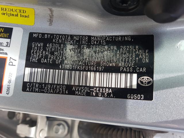 Photo 9 VIN: 4T1BD1FK5FU166197 - TOYOTA CAMRY HYBR 