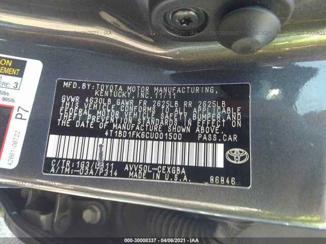 Photo 8 VIN: 4T1BD1FK6CU001500 - TOYOTA CAMRY HYBRID 