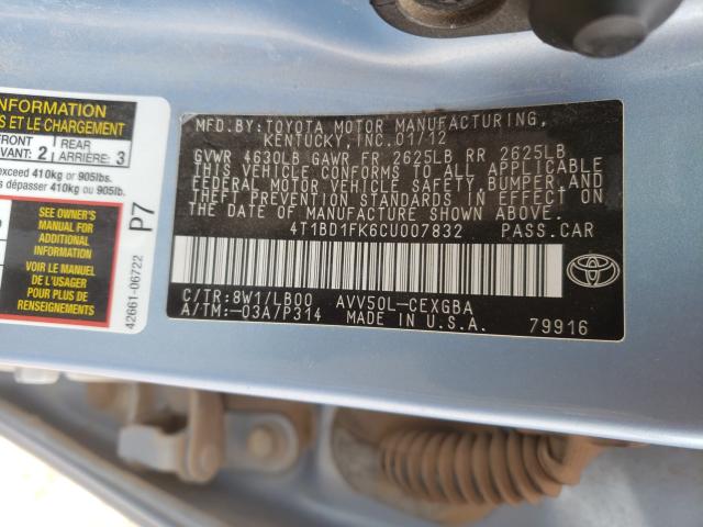 Photo 9 VIN: 4T1BD1FK6CU007832 - TOYOTA CAMRY HYBR 