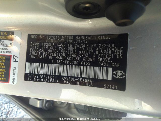 Photo 8 VIN: 4T1BD1FK6CU010455 - TOYOTA CAMRY HYBR 