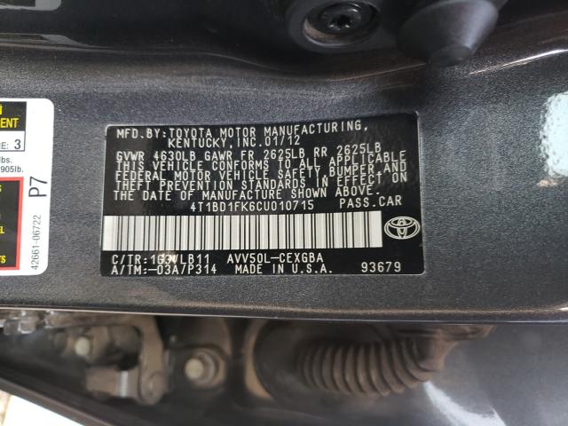 Photo 9 VIN: 4T1BD1FK6CU010715 - TOYOTA CAMRY HYBR 