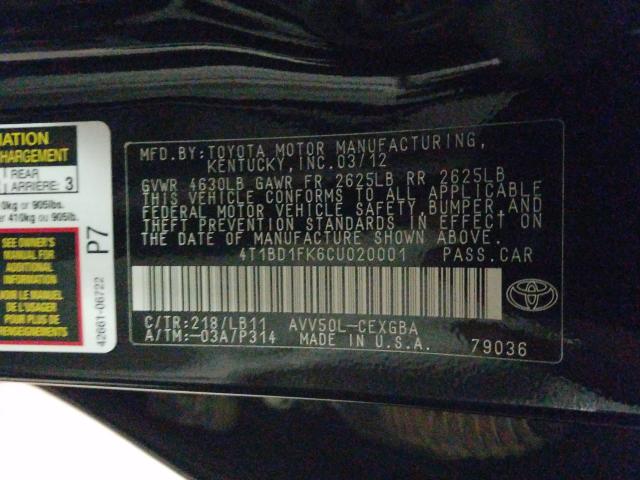 Photo 9 VIN: 4T1BD1FK6CU020001 - TOYOTA CAMRY HYBR 