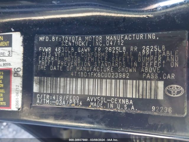 Photo 8 VIN: 4T1BD1FK6CU023982 - TOYOTA CAMRY HYBRID 