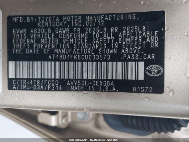 Photo 8 VIN: 4T1BD1FK6CU033573 - TOYOTA CAMRY HYBRID 