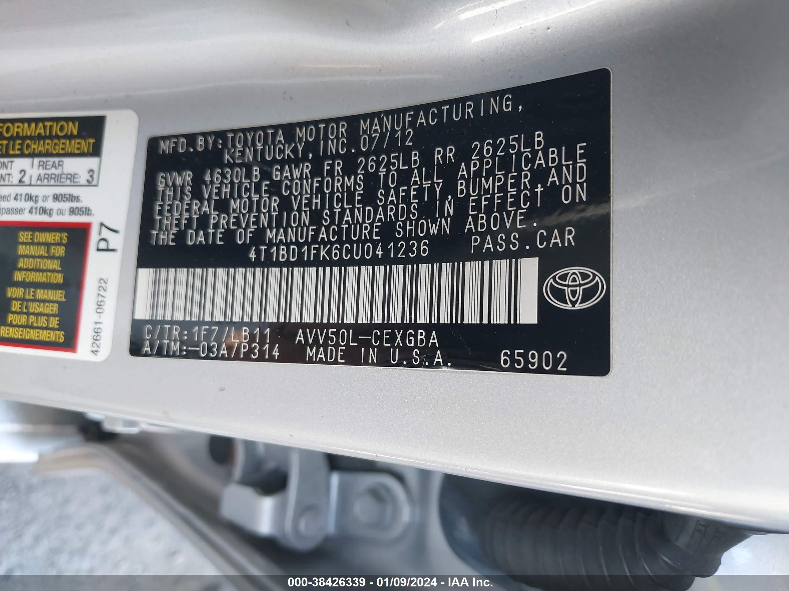 Photo 8 VIN: 4T1BD1FK6CU041236 - TOYOTA CAMRY 