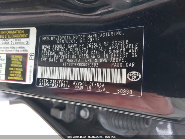 Photo 8 VIN: 4T1BD1FK6CU050602 - TOYOTA CAMRY HYBRID 