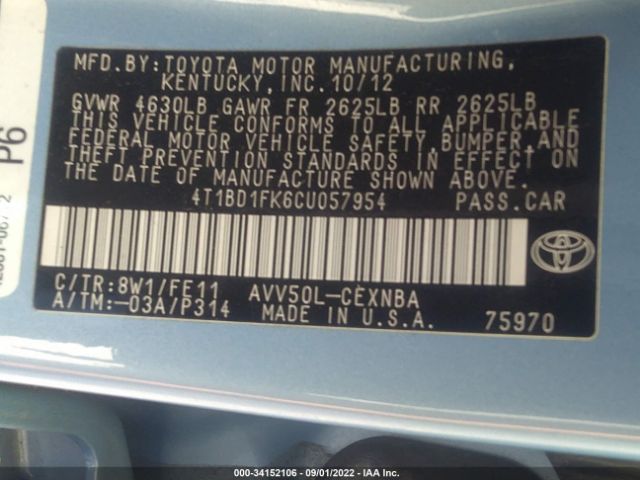 Photo 8 VIN: 4T1BD1FK6CUO57954 - TOYOTA CAMRY 