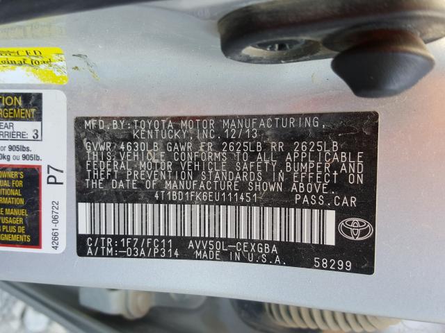 Photo 9 VIN: 4T1BD1FK6EU111451 - TOYOTA CAMRY HYBR 