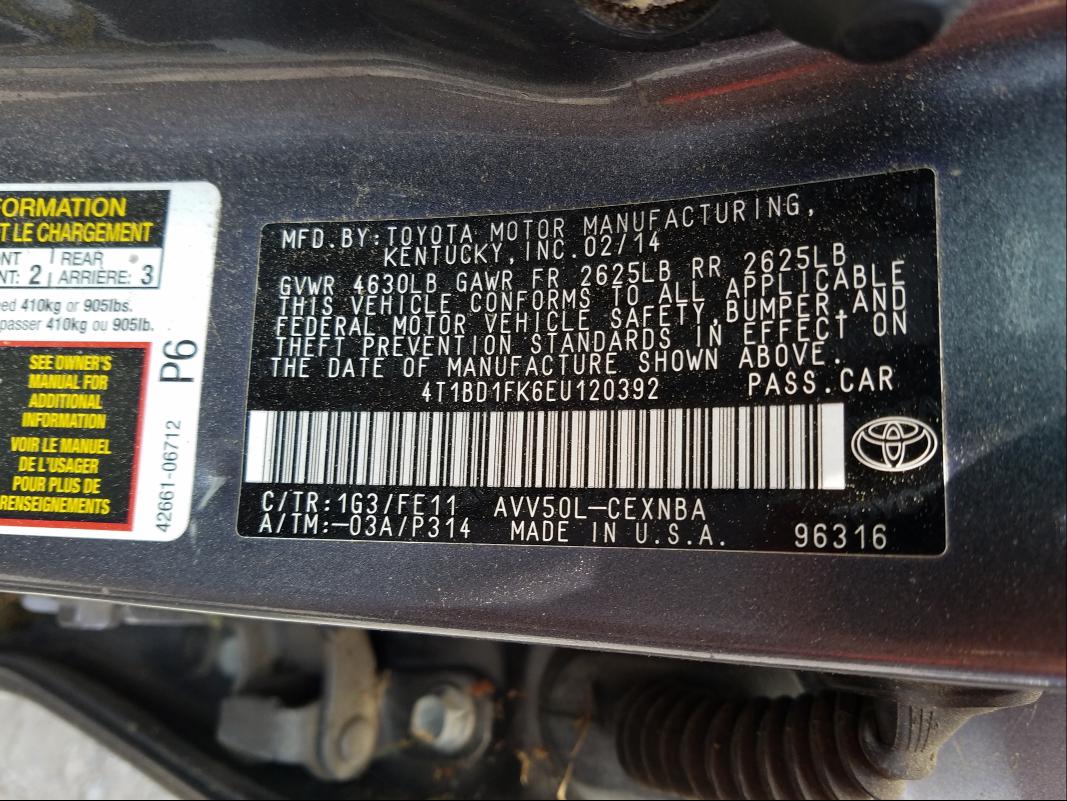 Photo 9 VIN: 4T1BD1FK6EU120392 - TOYOTA CAMRY HYBR 