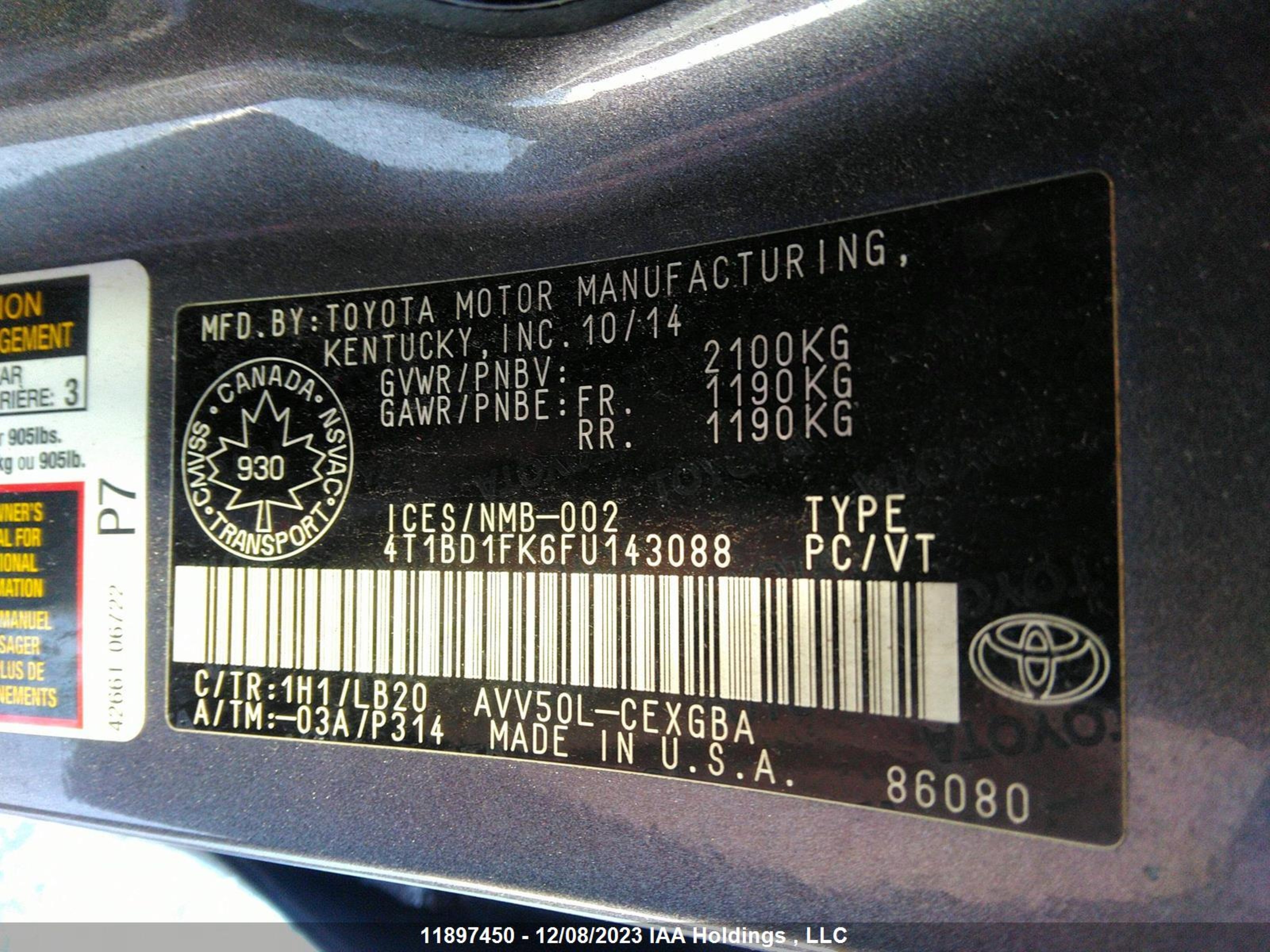 Photo 8 VIN: 4T1BD1FK6FU143088 - TOYOTA CAMRY 