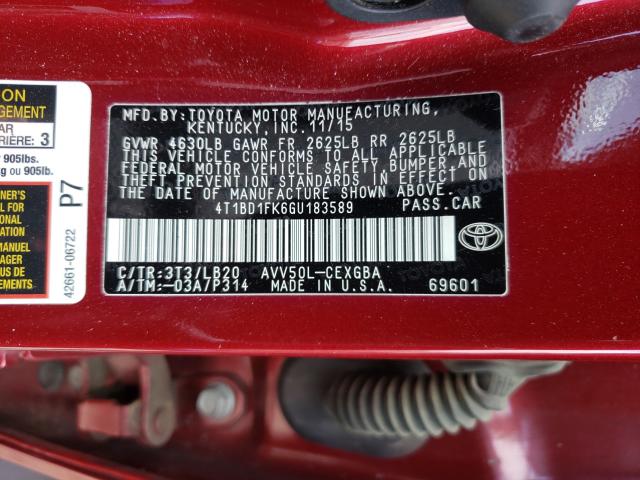 Photo 9 VIN: 4T1BD1FK6GU183589 - TOYOTA CAMRY HYBR 