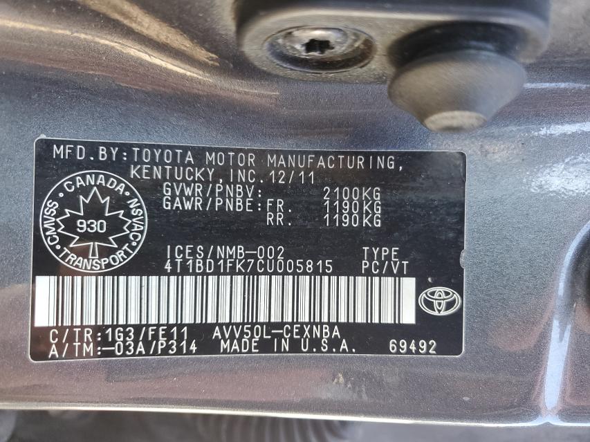 Photo 9 VIN: 4T1BD1FK7CU005815 - TOYOTA CAMRY HYBR 