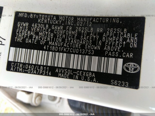 Photo 8 VIN: 4T1BD1FK7CU013753 - TOYOTA CAMRY HYBRID 