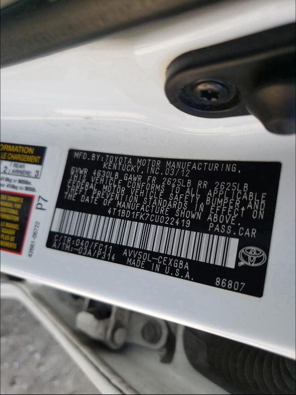 Photo 9 VIN: 4T1BD1FK7CU022419 - TOYOTA CAMRY HYBR 