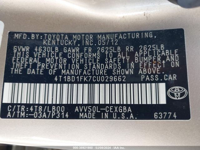 Photo 8 VIN: 4T1BD1FK7CU029662 - TOYOTA CAMRY HYBRID 