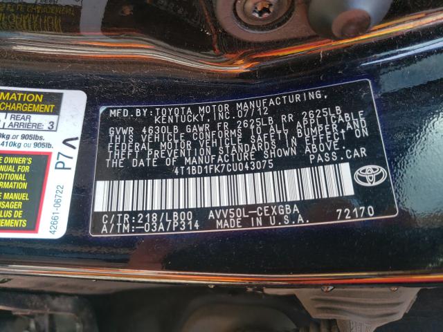 Photo 9 VIN: 4T1BD1FK7CU043075 - TOYOTA CAMRY HYBR 