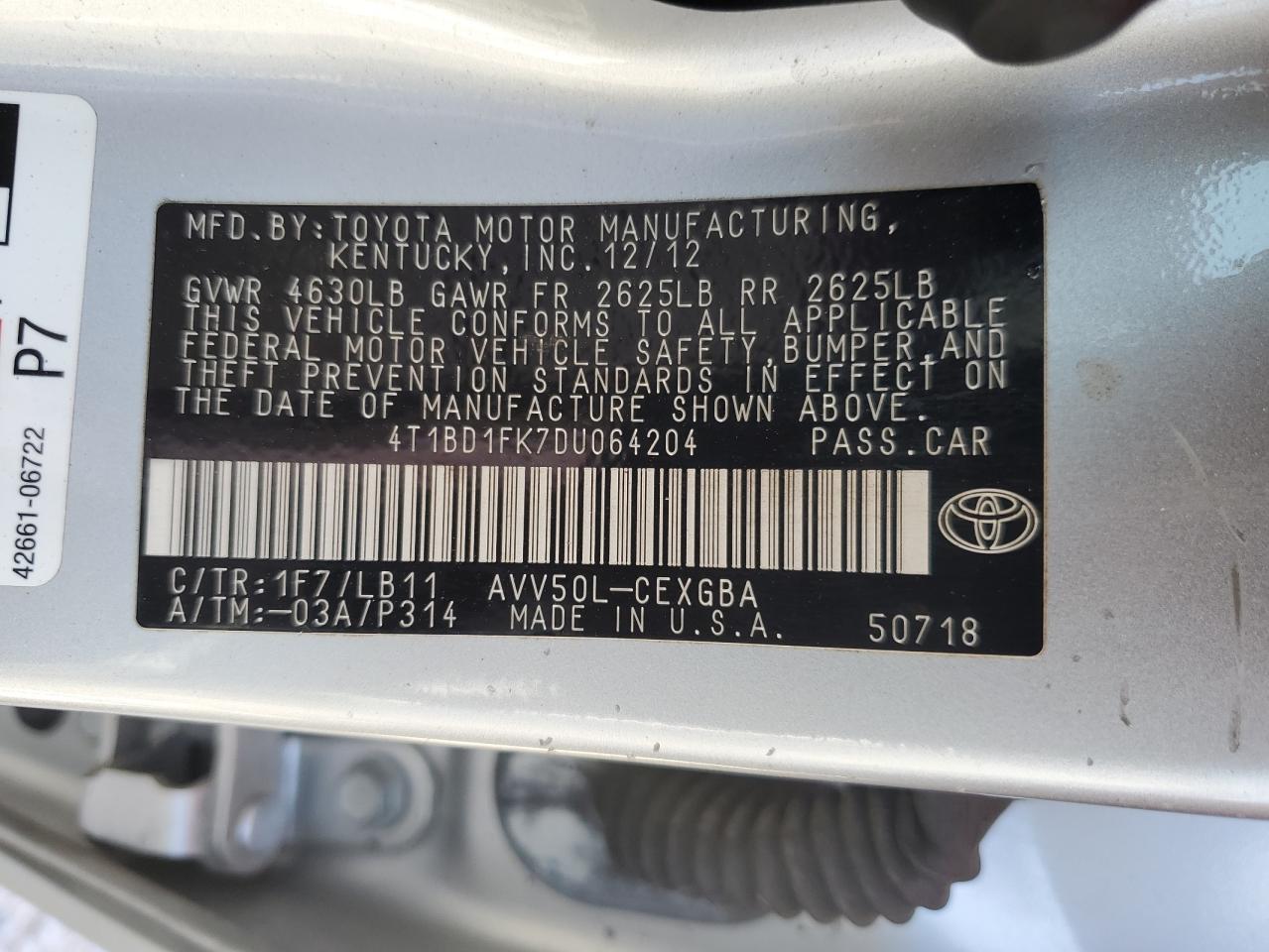 Photo 12 VIN: 4T1BD1FK7DU064204 - TOYOTA CAMRY 