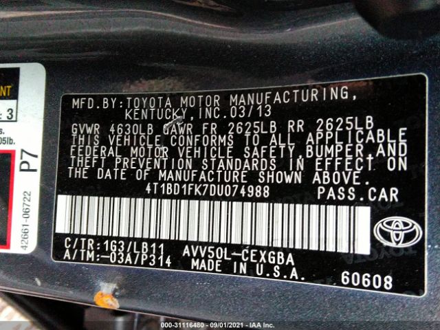 Photo 8 VIN: 4T1BD1FK7DU074988 - TOYOTA CAMRY HYBRID 