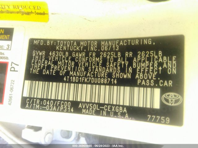 Photo 8 VIN: 4T1BD1FK7DU088714 - TOYOTA CAMRY HYBRID 