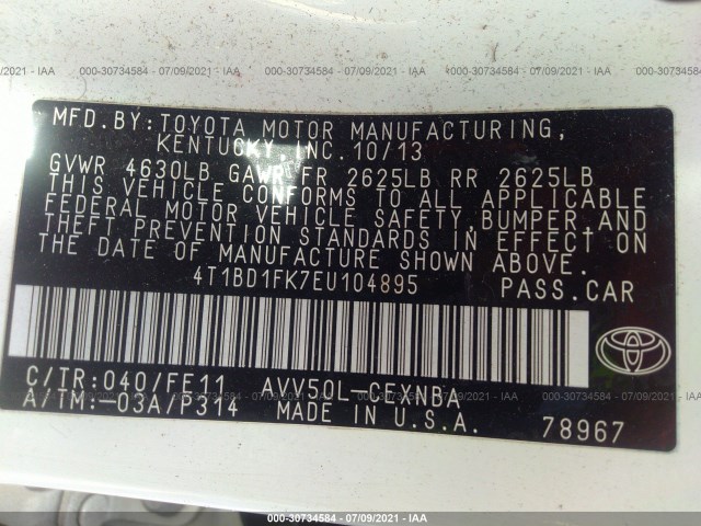 Photo 8 VIN: 4T1BD1FK7EU104895 - TOYOTA CAMRY HYBRID 