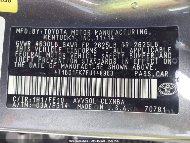 Photo 8 VIN: 4T1BD1FK7FU148963 - TOYOTA CAMRY 