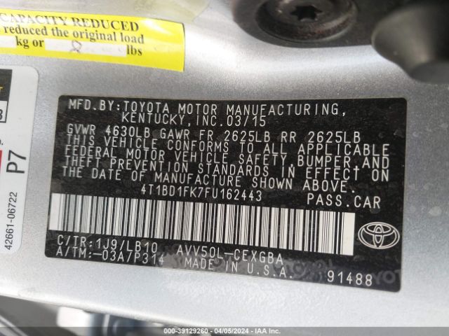 Photo 8 VIN: 4T1BD1FK7FU162443 - TOYOTA CAMRY HYBRID 