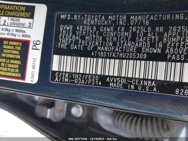 Photo 8 VIN: 4T1BD1FK7HU205309 - TOYOTA CAMRY HYBRID 