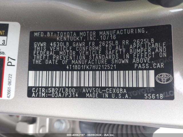 Photo 8 VIN: 4T1BD1FK7HU212521 - TOYOTA CAMRY 