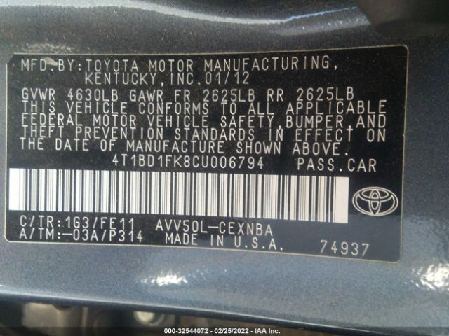 Photo 8 VIN: 4T1BD1FK8CU006794 - TOYOTA CAMRY HYBRID 