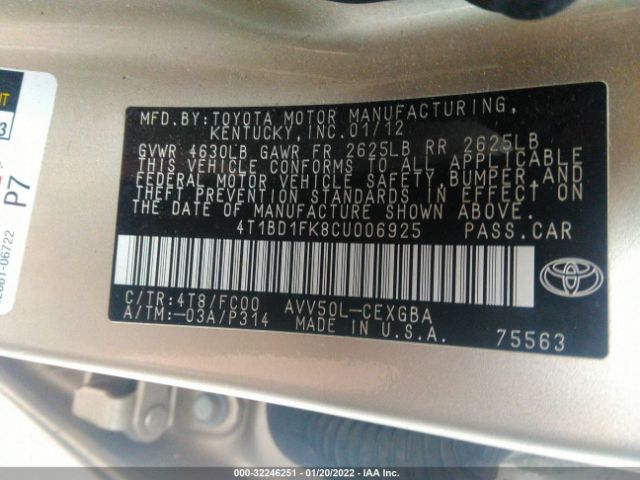 Photo 8 VIN: 4T1BD1FK8CU006925 - TOYOTA CAMRY HYBRID 