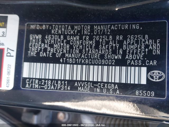 Photo 8 VIN: 4T1BD1FK8CU009002 - TOYOTA CAMRY 