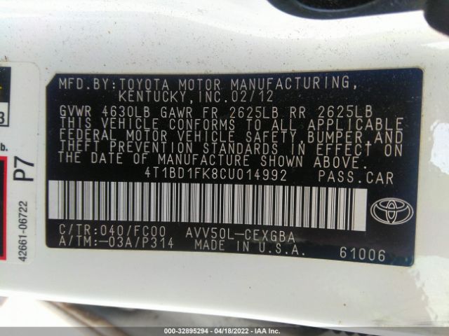 Photo 8 VIN: 4T1BD1FK8CU014992 - TOYOTA CAMRY HYBRID 