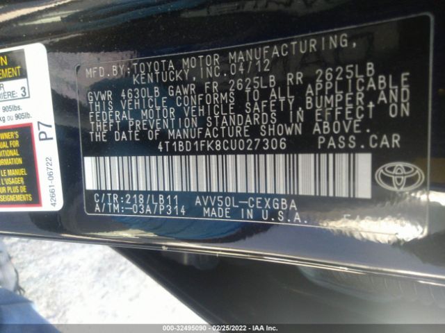 Photo 8 VIN: 4T1BD1FK8CU027306 - TOYOTA CAMRY HYBRID 