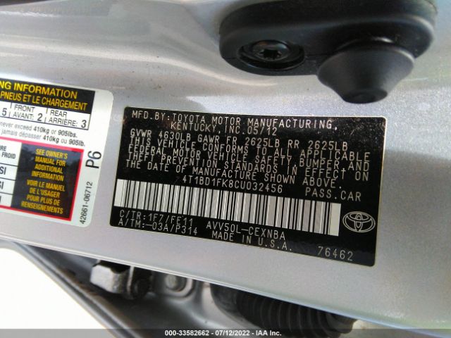 Photo 8 VIN: 4T1BD1FK8CU032456 - TOYOTA CAMRY HYBRID 