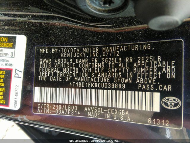 Photo 8 VIN: 4T1BD1FK8CU039889 - TOYOTA CAMRY HYBRID 