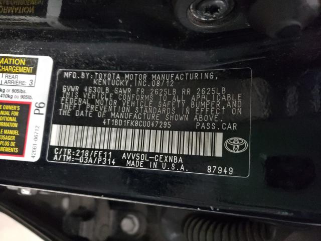 Photo 9 VIN: 4T1BD1FK8CU047295 - TOYOTA CAMRY HYBR 