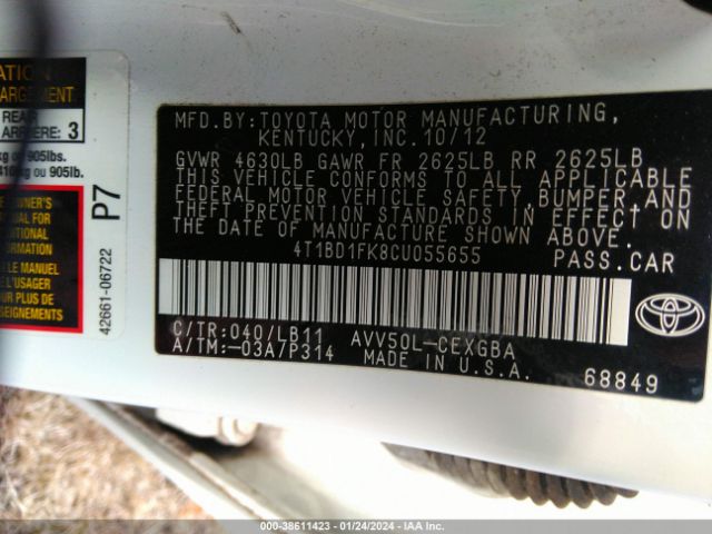 Photo 8 VIN: 4T1BD1FK8CU055655 - TOYOTA CAMRY HYBRID 