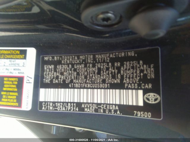 Photo 8 VIN: 4T1BD1FK8CU059091 - TOYOTA CAMRY HYBRID 